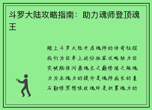 斗罗大陆攻略指南：助力魂师登顶魂王